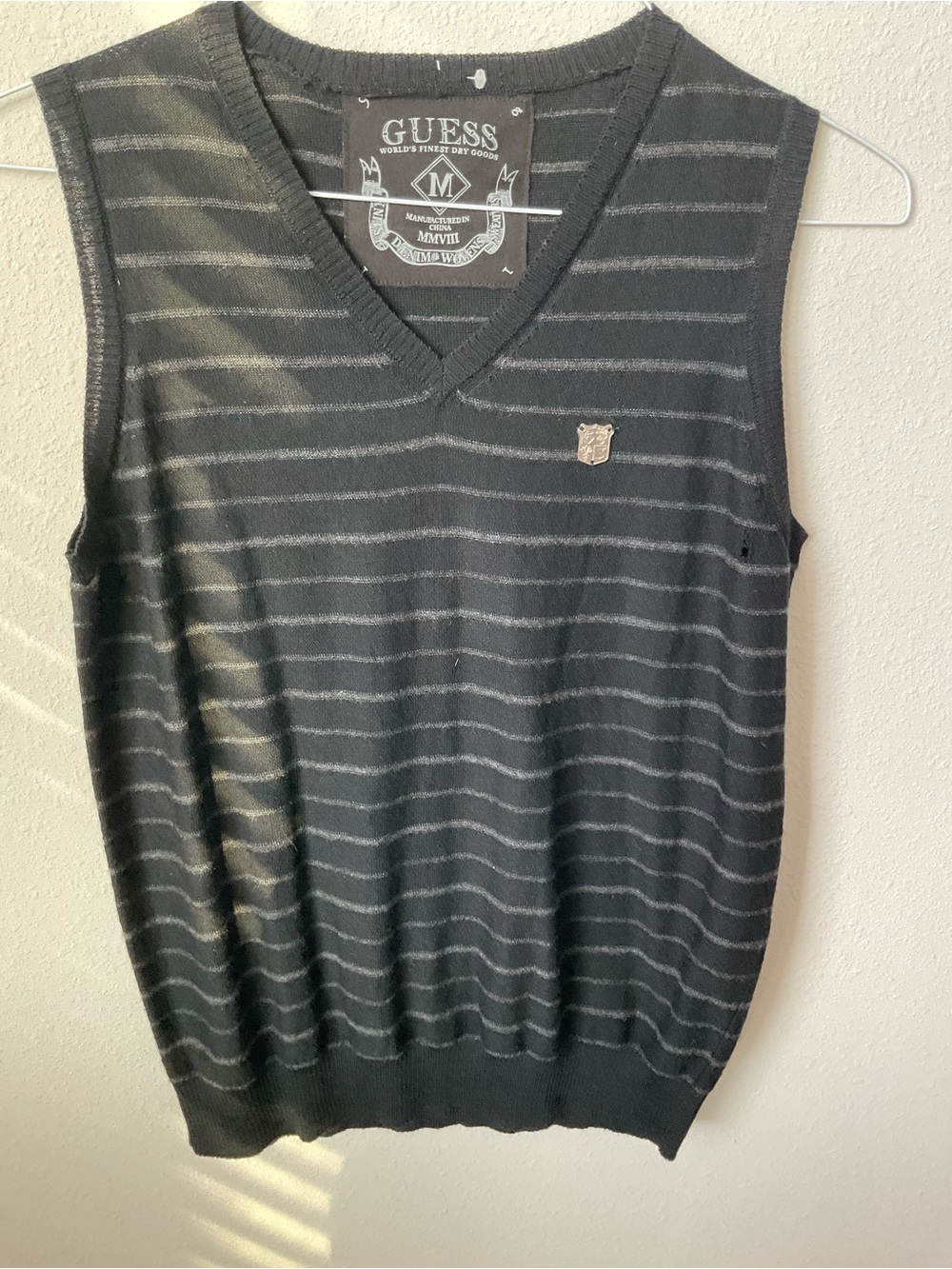 GUESS Men's Black V-Neck Striped Sweater Vest with Crest